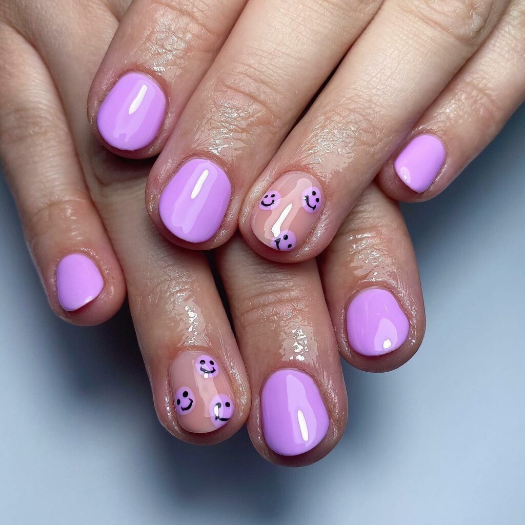 Yellow Smiley Light Purple nails