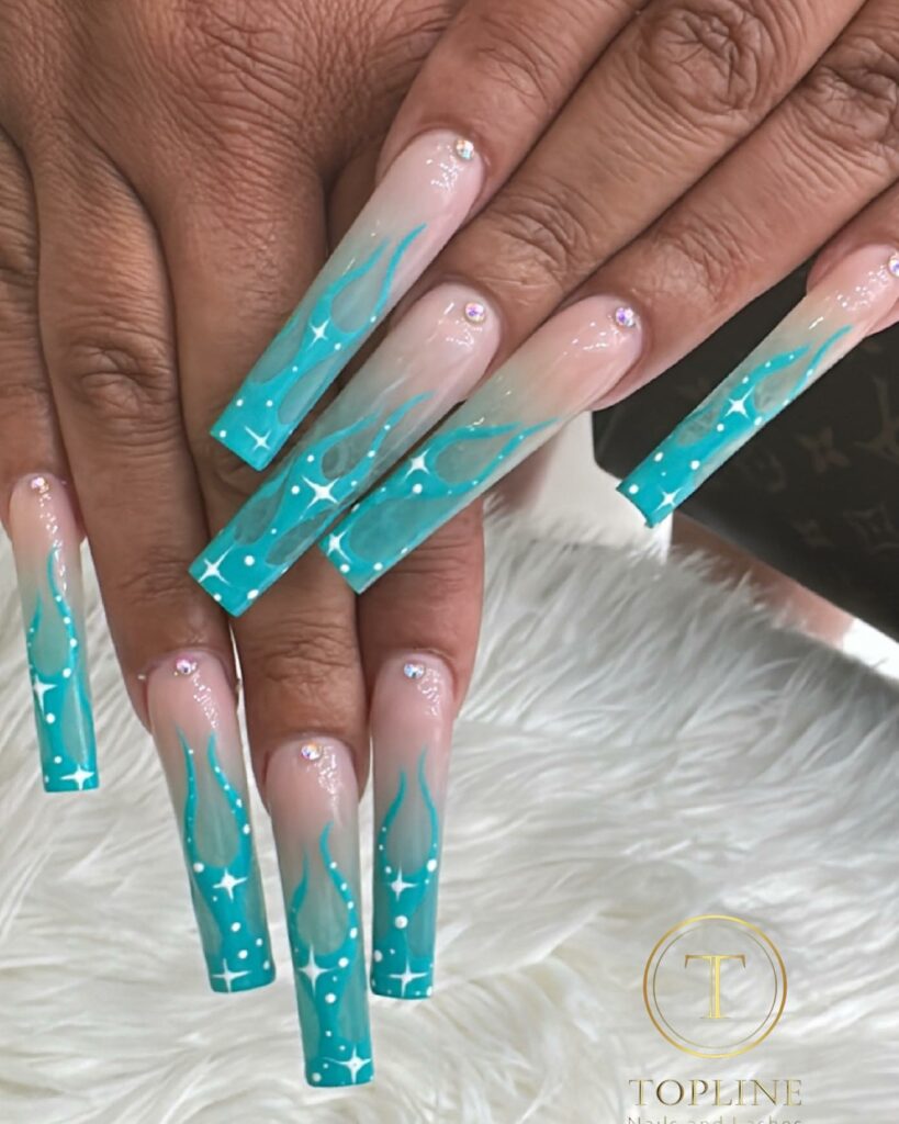 Sizzling Flames Teal Nails