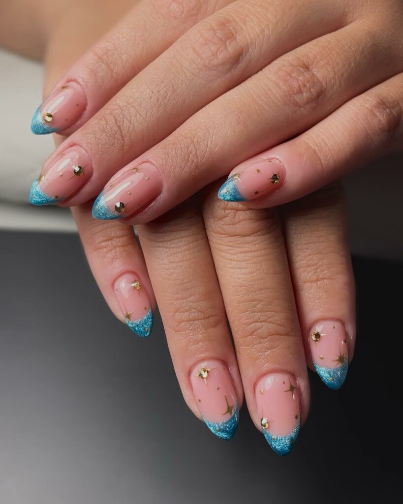 French Teal Nails with Gems