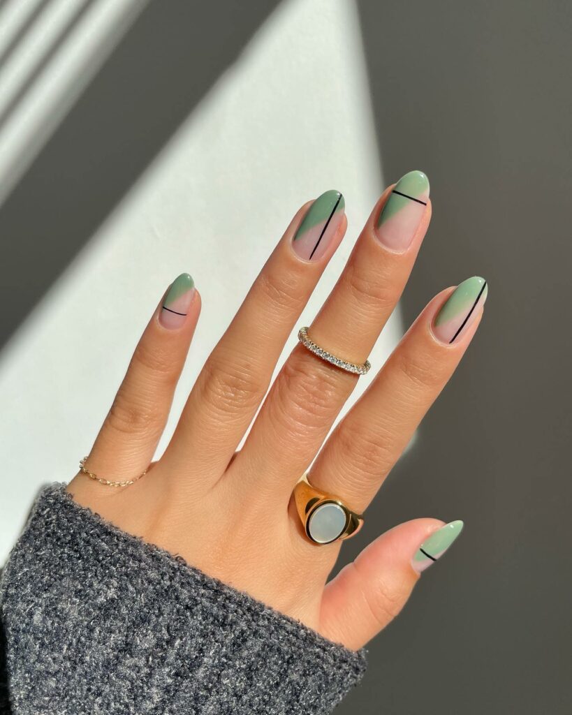 Geometric Patterns on Light Green Sage Nails