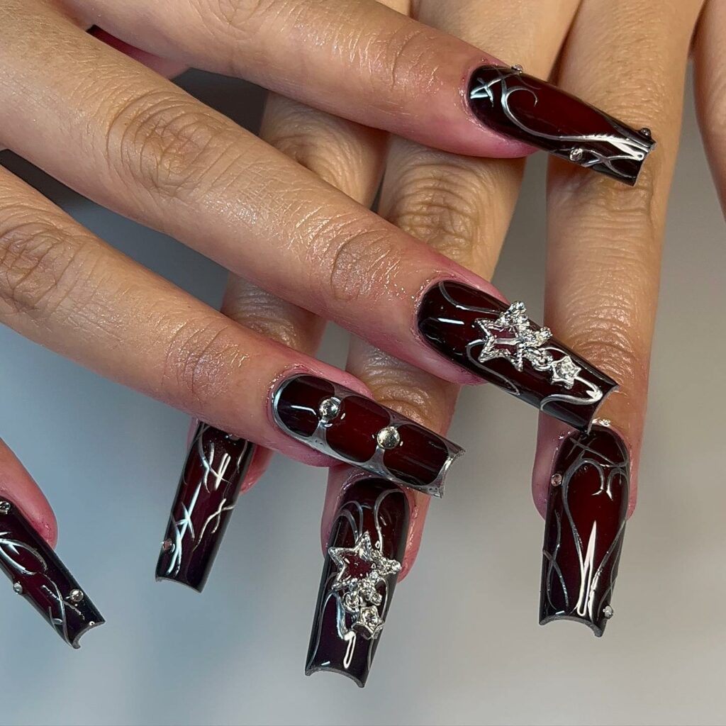 crimson Crystals Black and Red nails