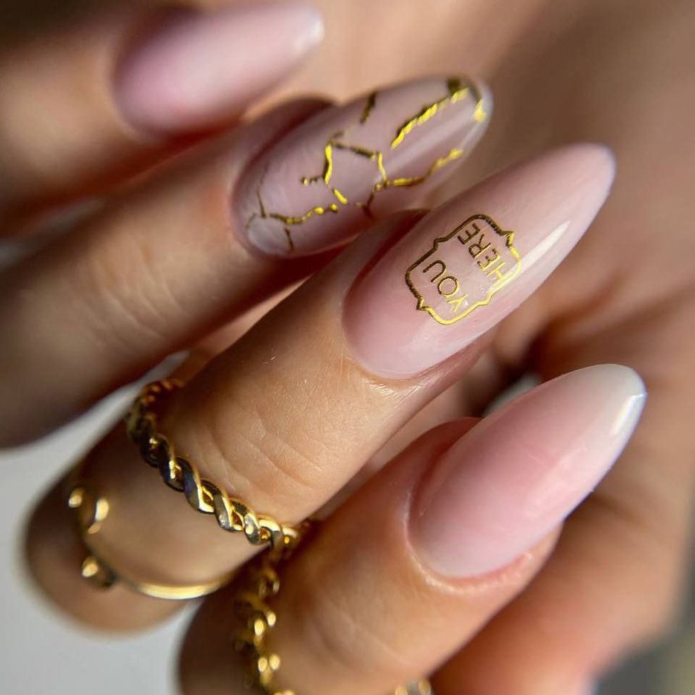 Nude Pink Nails with Gold Accents