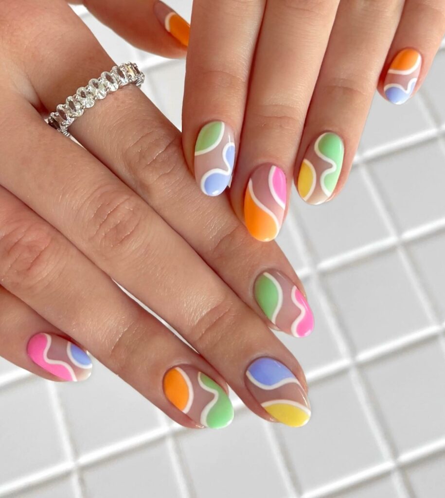Multicolor Pastel Swirls Preppy Nails