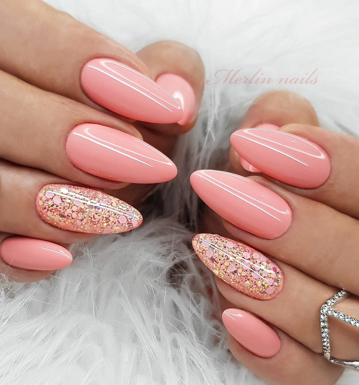 peach nails with glitter