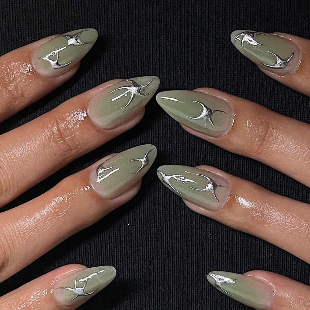 silver and sage green nails