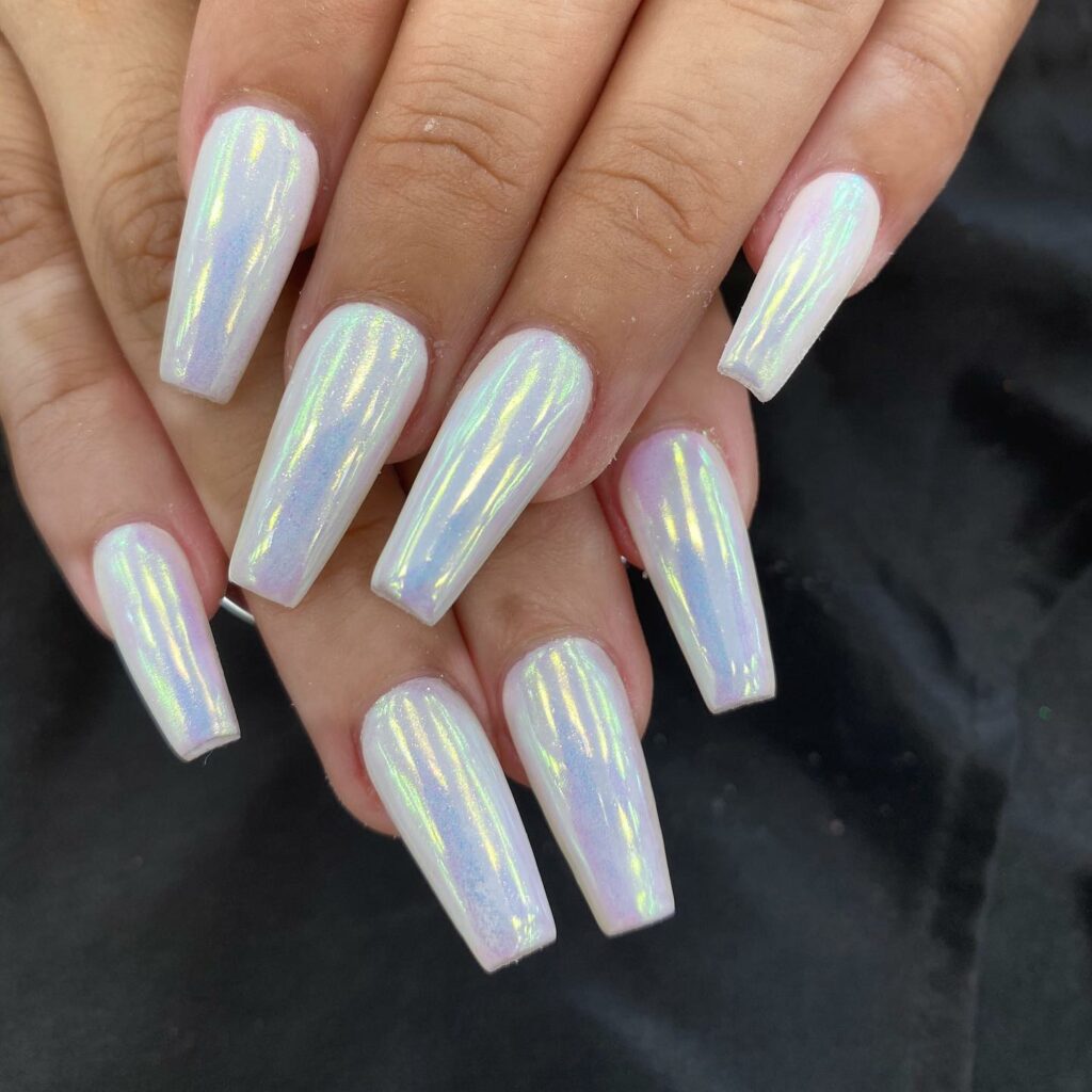 Simple Chrome Coffin White Nails