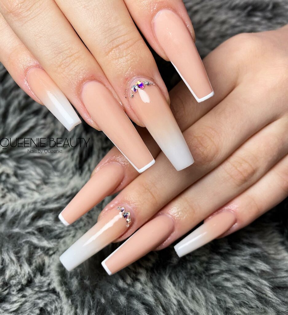 Nude And White Ombre Coffin Nails With Rhinestones