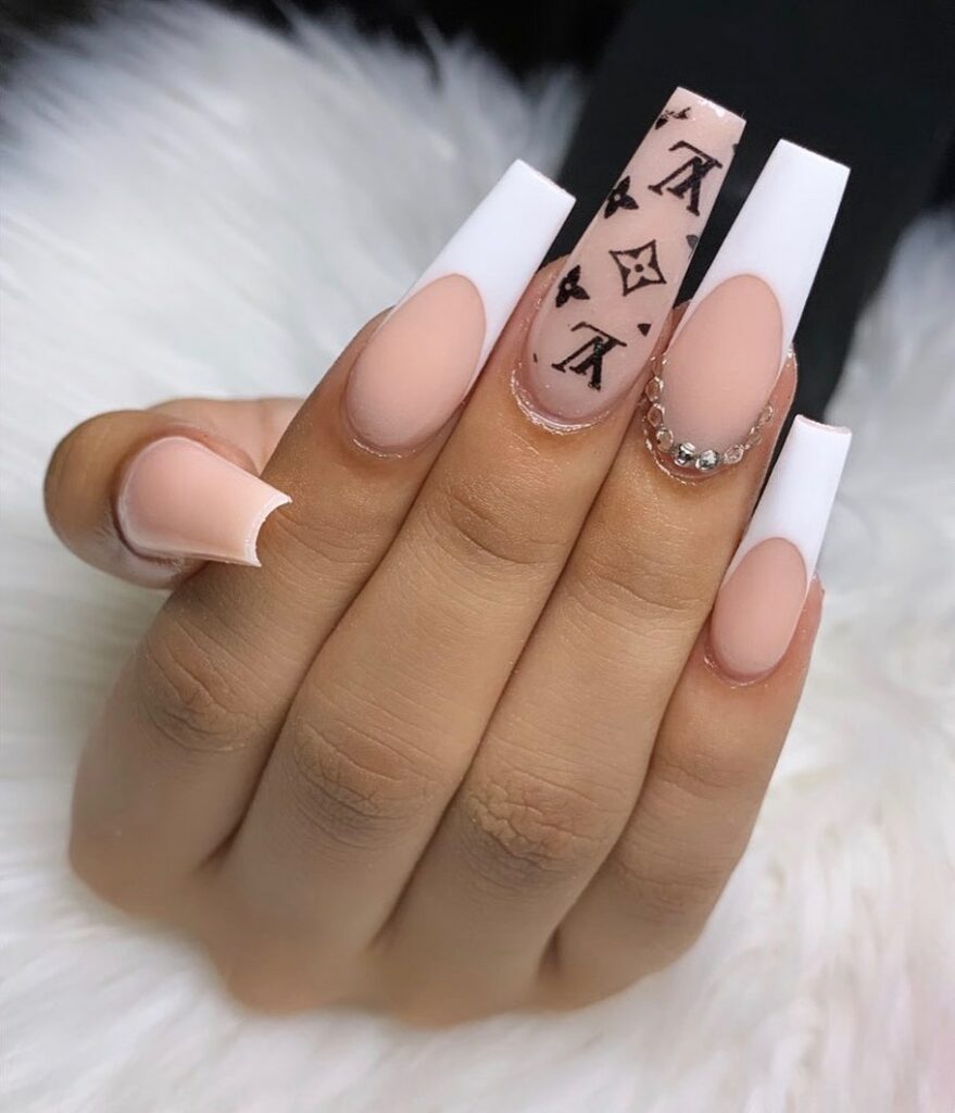 White French Coffin Nails with Ombré Louis Vuitton