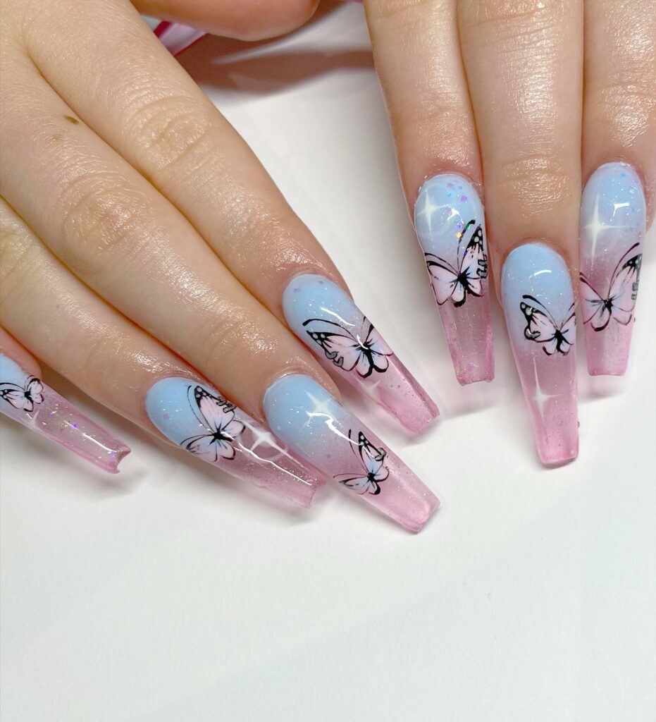 Cotton Candy Coffin Nails With Butterflies