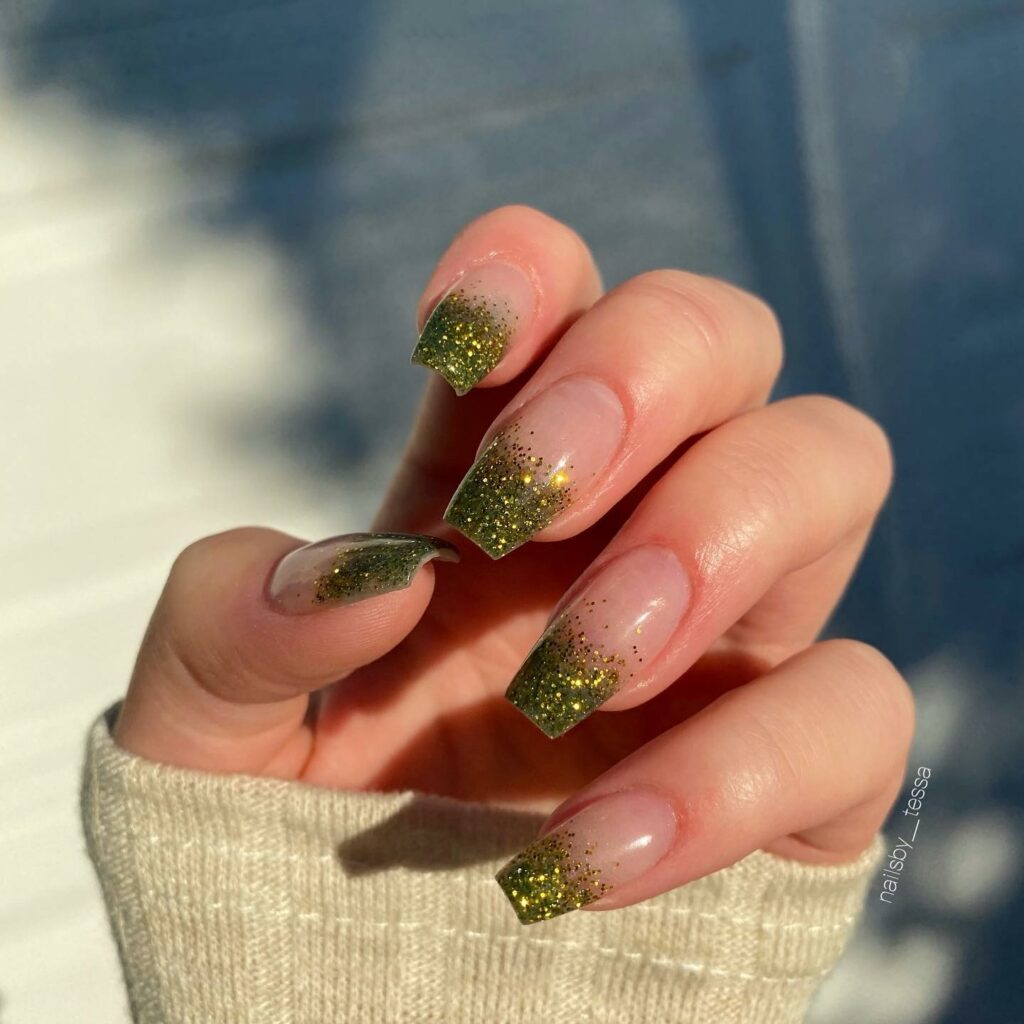 Green Ombre Coffin Nails With Glitters