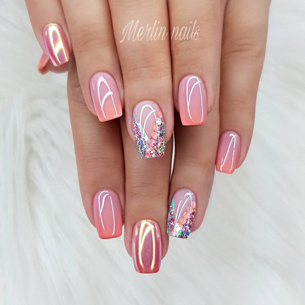 Chrome Short Pink Nails with Glitters