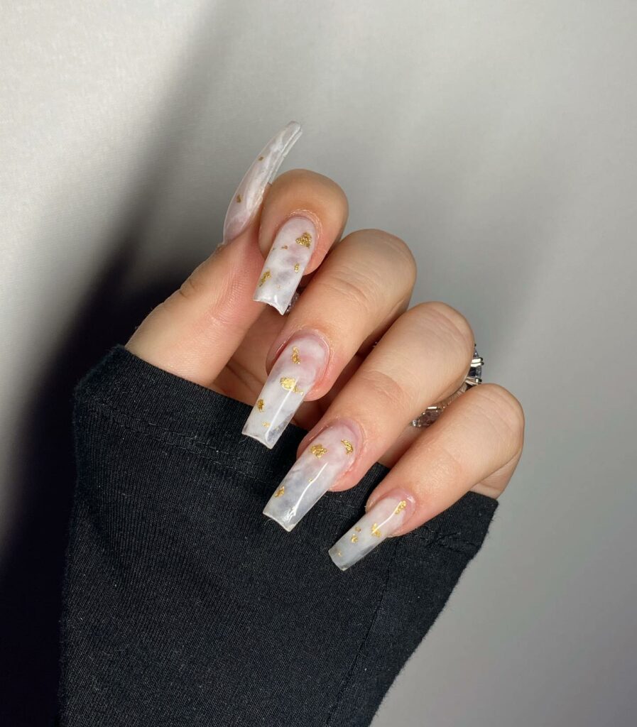 White Marble Coffin Nails With Gold Flakes