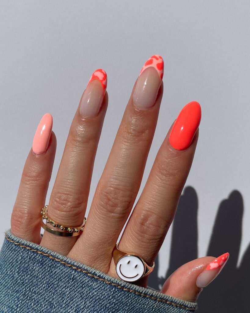 Coral Almond French Nails With Cow Design