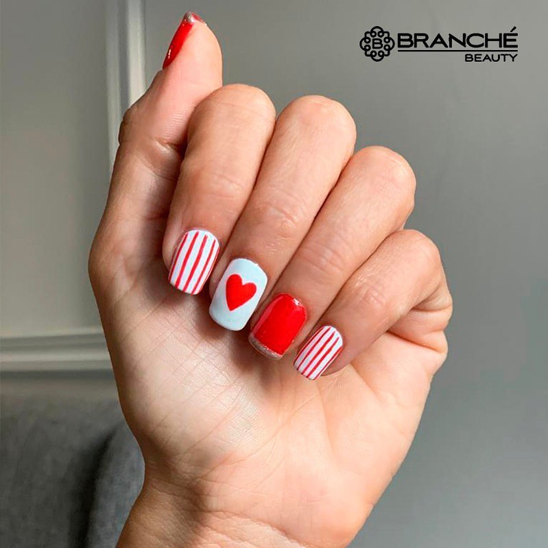 Red Square February Nails With Heart And Stripes Design