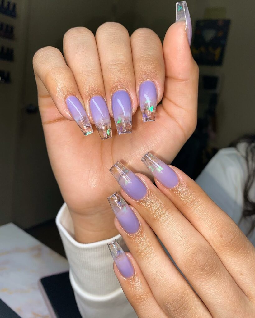 Clear Tips Purple Ombre Coffin Nail With Butterflies