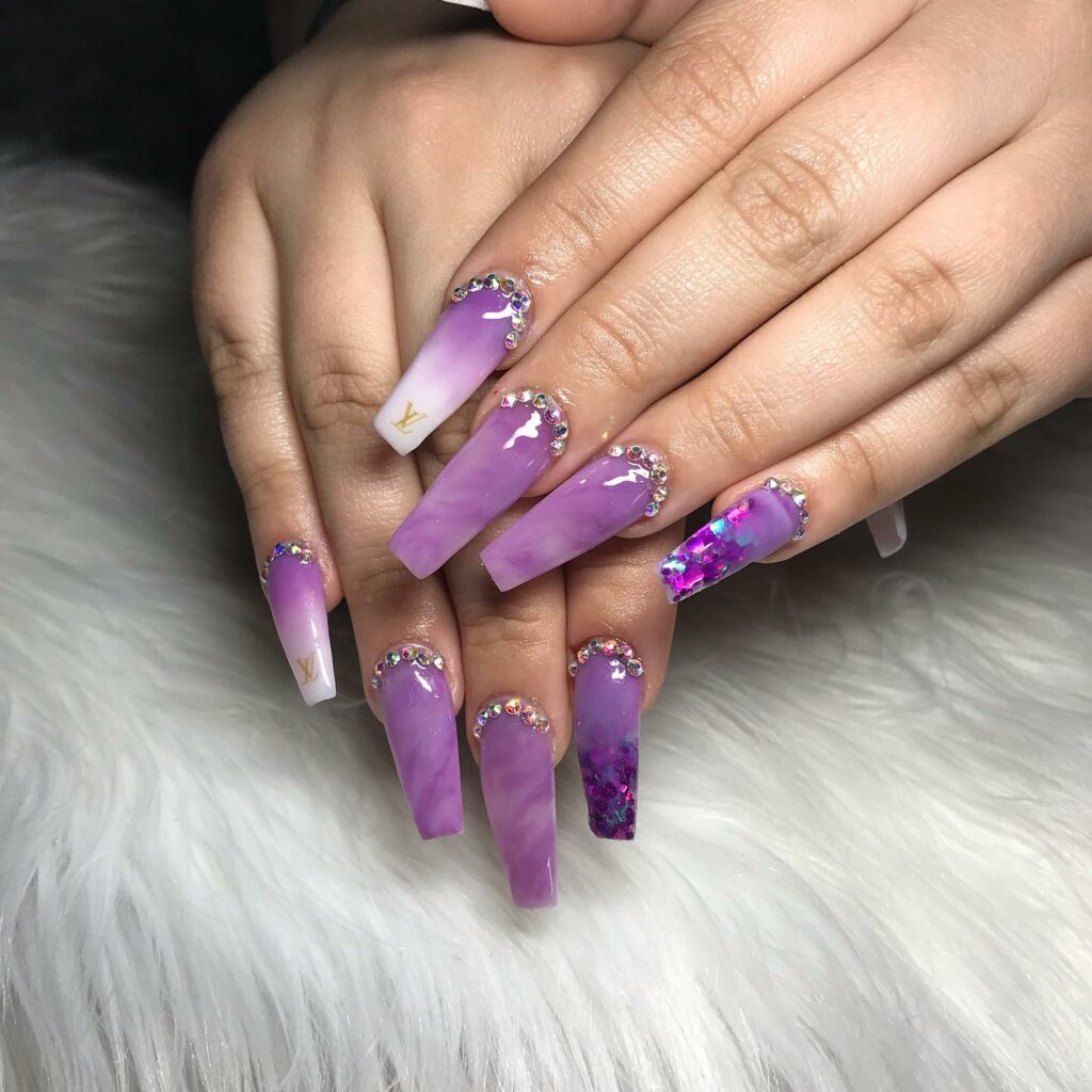 Purple Coffin Nail With Rhinestones And Colorful Tips