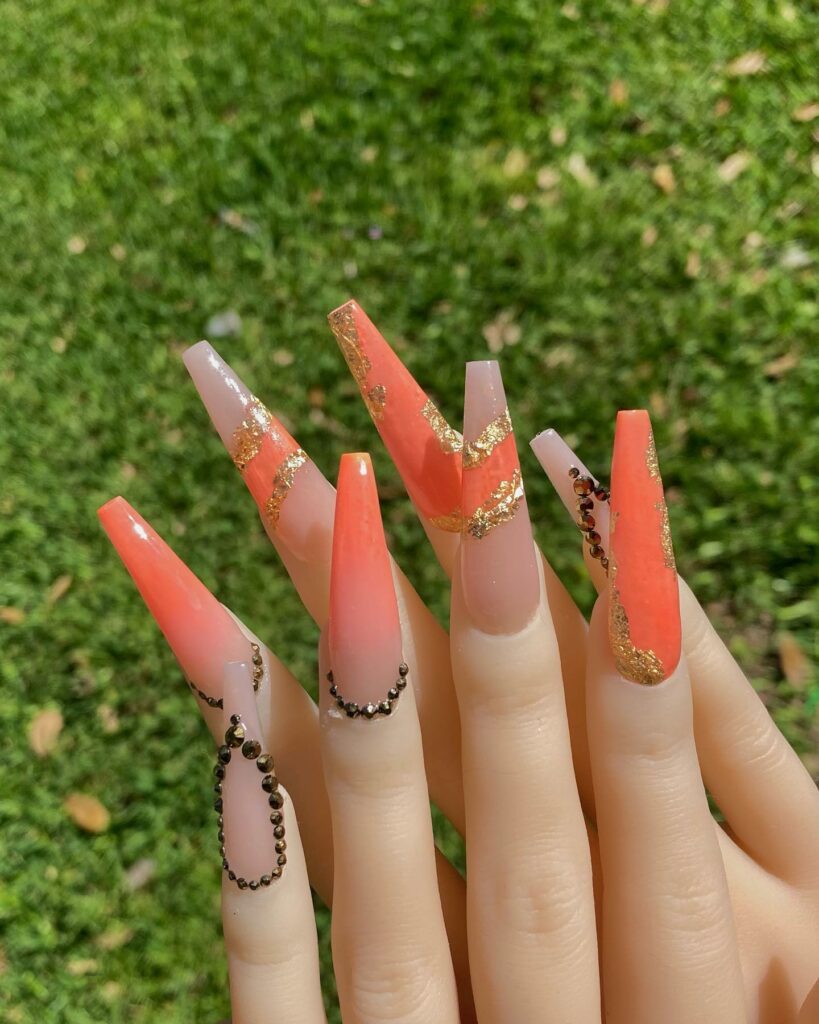 Coral Coffin Nails With Gold Flakes And Rhinestones