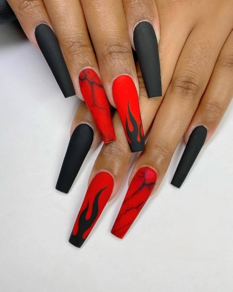 Matte Red And Black Coffin Nail With Flame Design