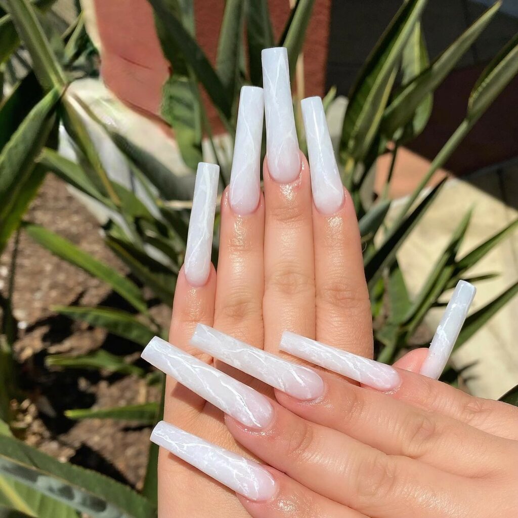 White Marble Long Nails