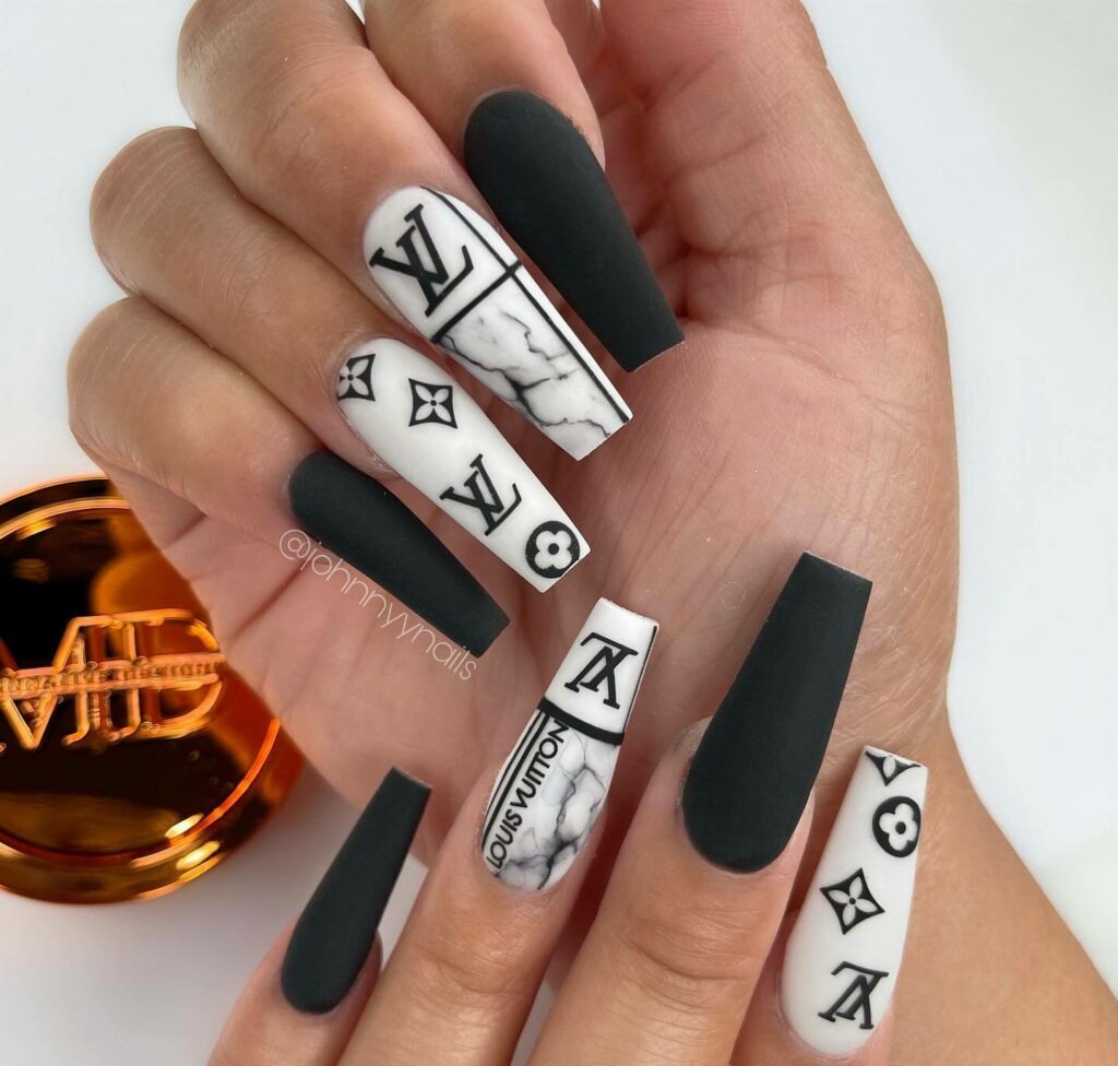 Marble Black and White Nails with Louis Vuitton Accents