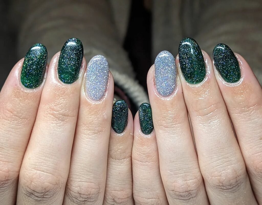 Green and Silver Glitter Christmas Nails