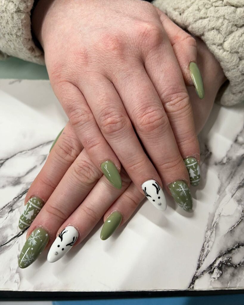 Subtle Sage Green Christmas Tree Nails