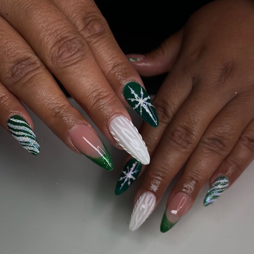 Creatively Crafted Almond Green Christmas Nails

