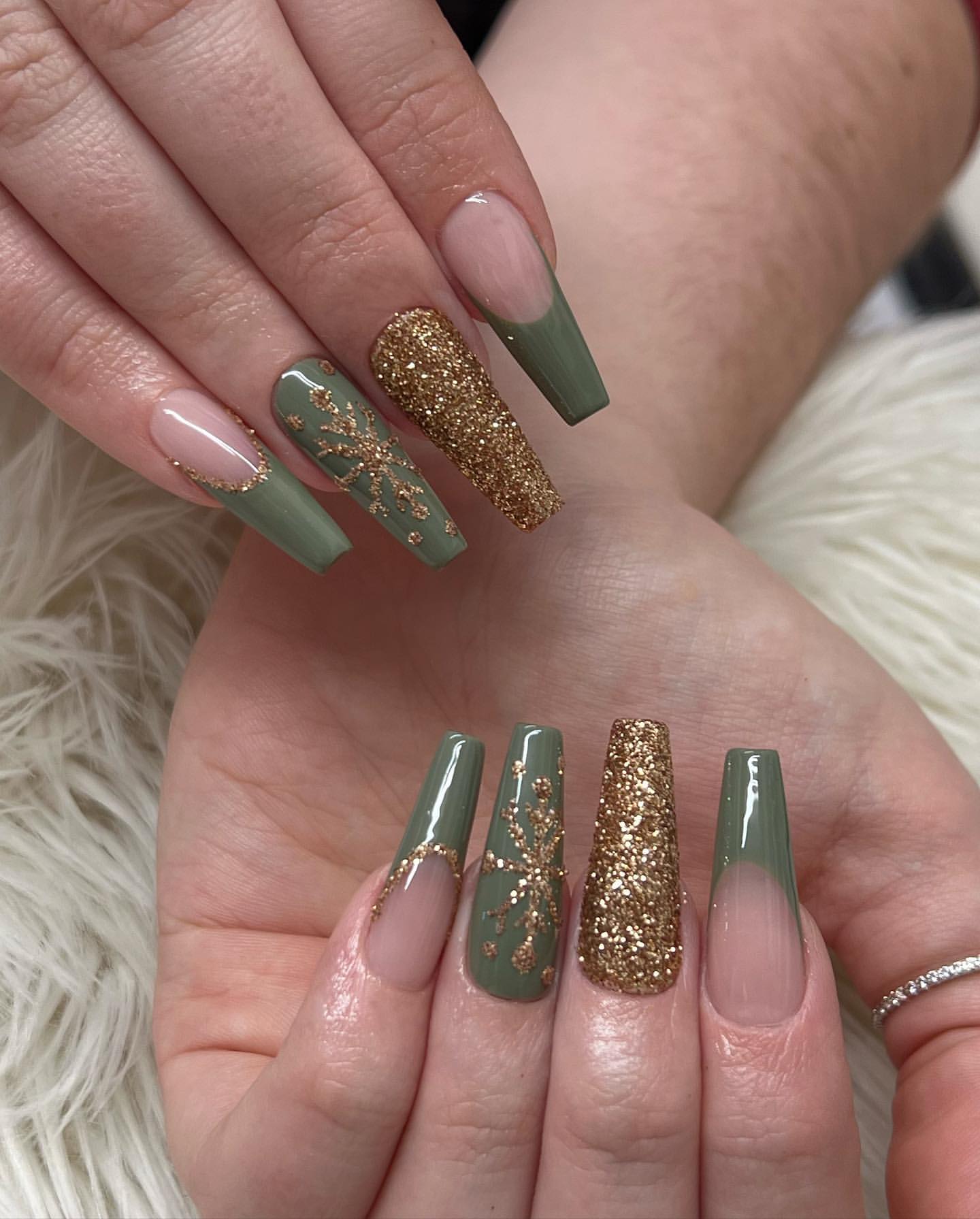 Gold Glitter on Sage Green Christmas Nails