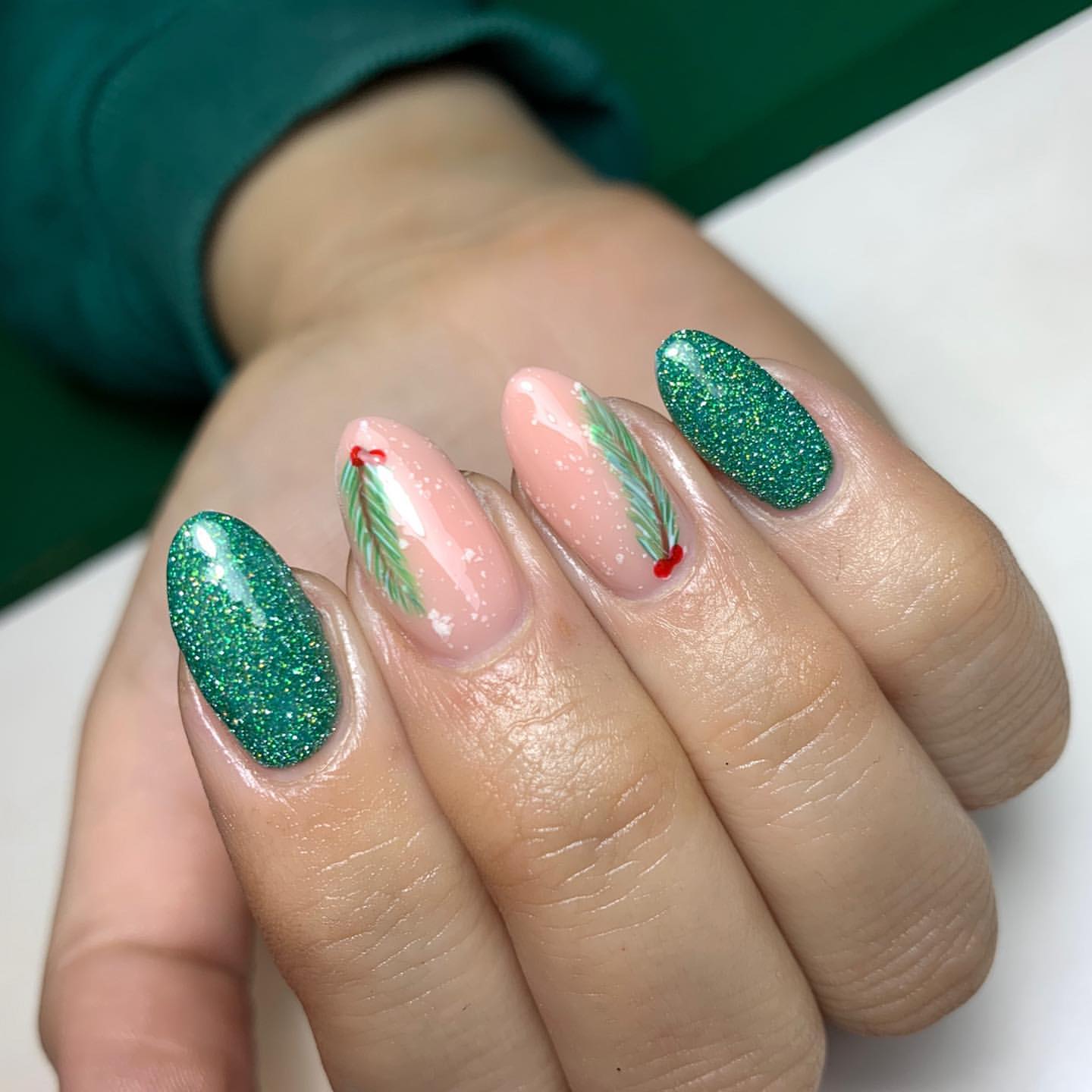 Emerald Brilliance on Green Christmas Nails
