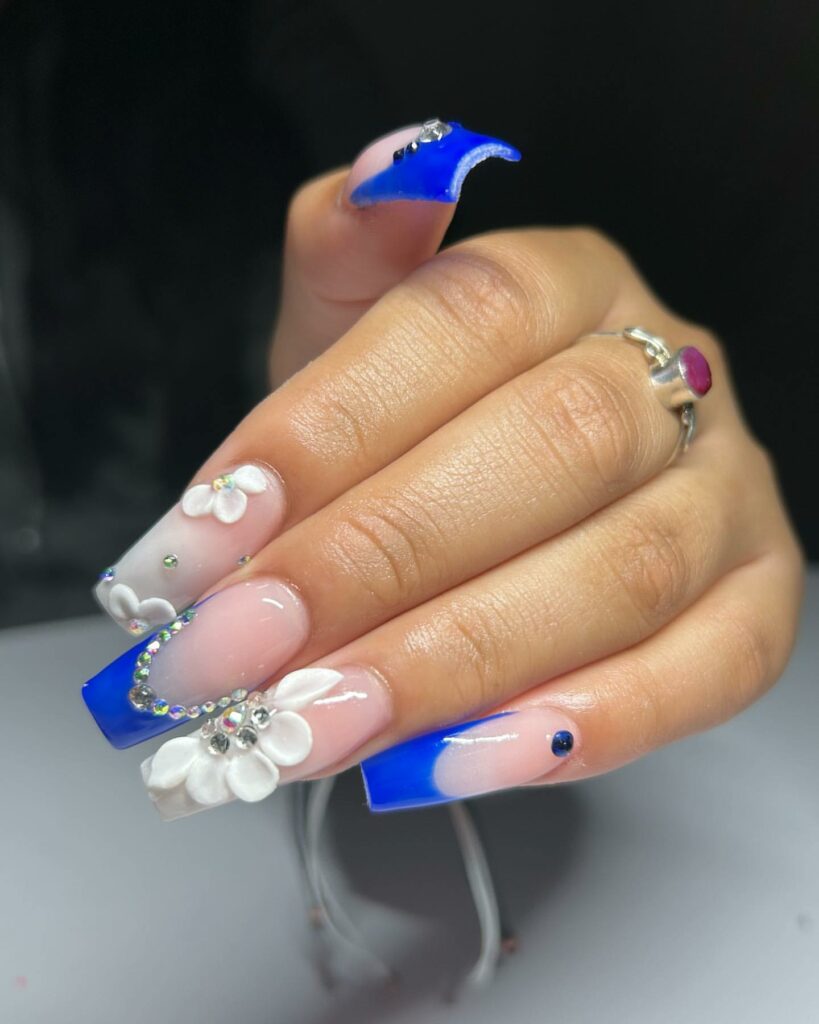 Blue Coffin Nails with Floral Accents