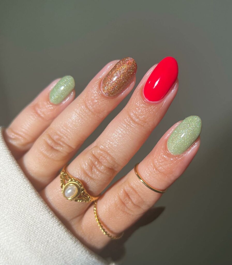 A Playful Nail Palette with Green Christmas Hues
