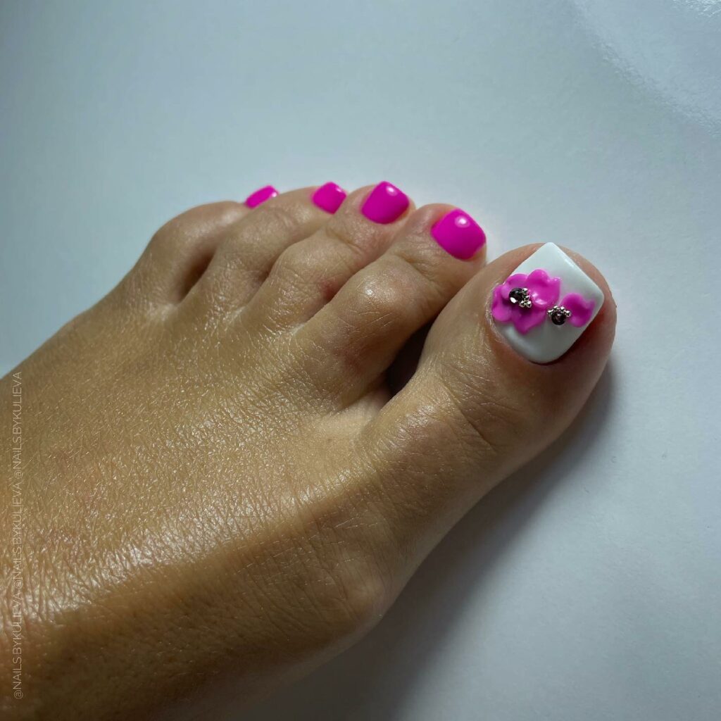 Hot Pink Pedicure With 3D Flower Design