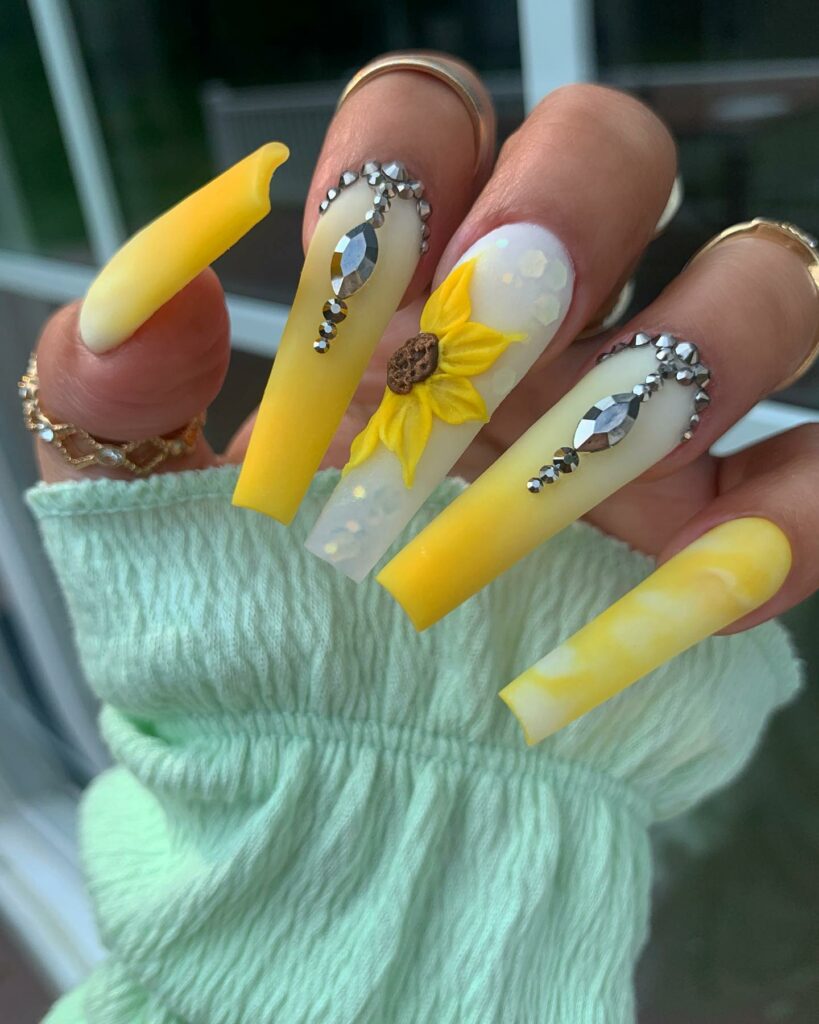 Sunshine Ombre Nails With 3D Sunflower And Rhinestones