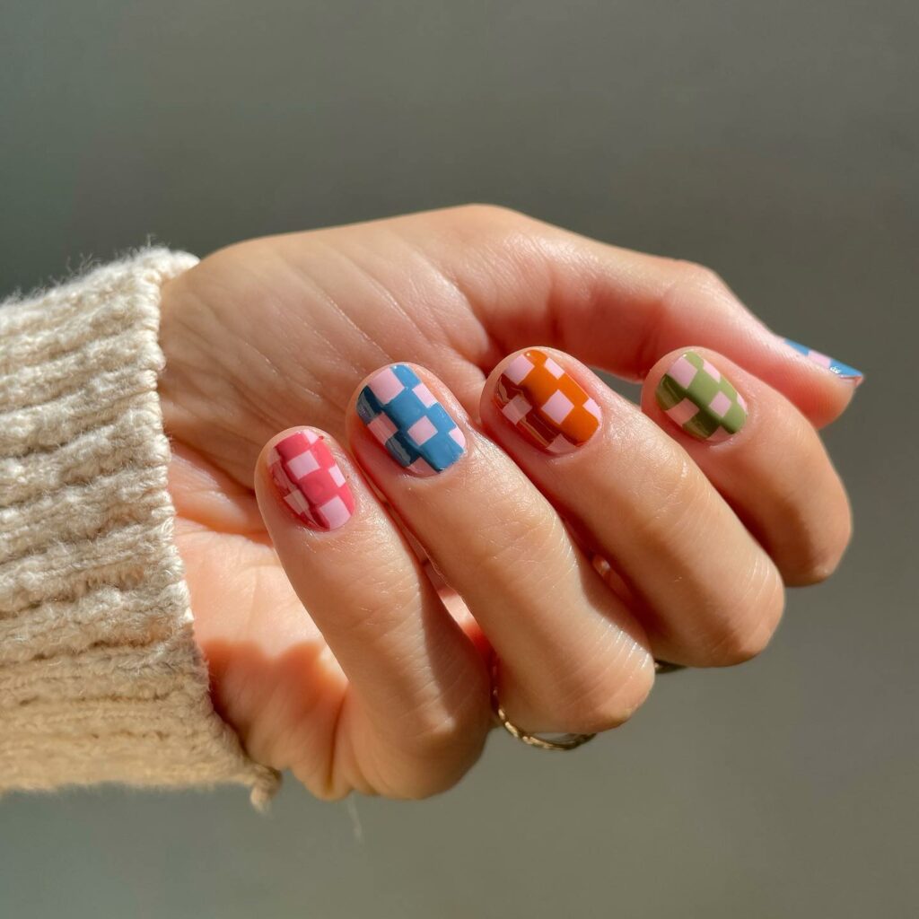 Multi-Colored Checkered Nails
