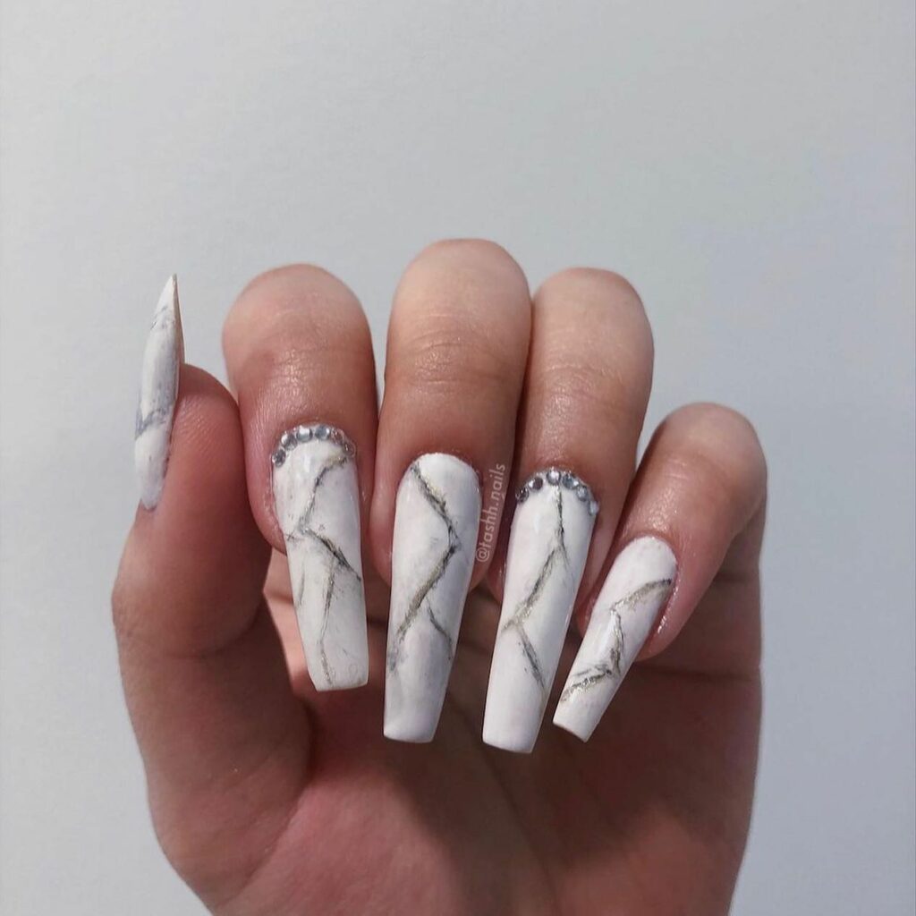 White Marble Coffin NailsWith Rhinestones