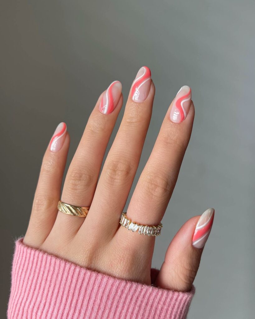 White And Pink Swirl Nails