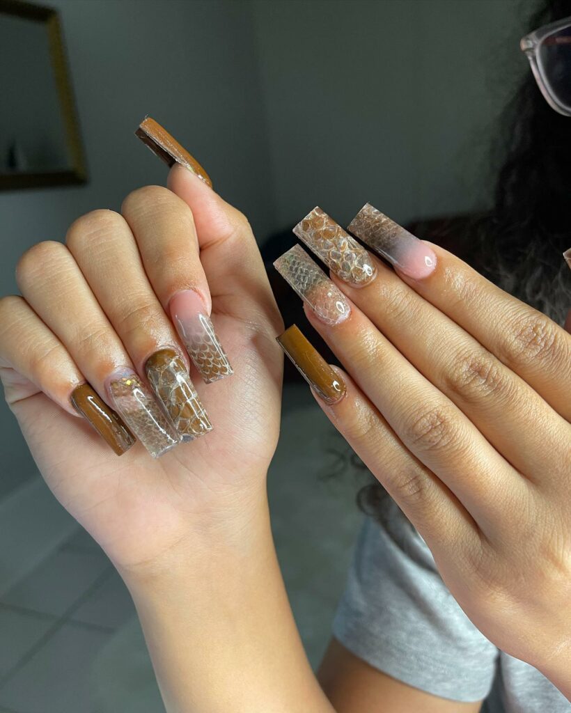 Brown Snake Skin On Square Nails