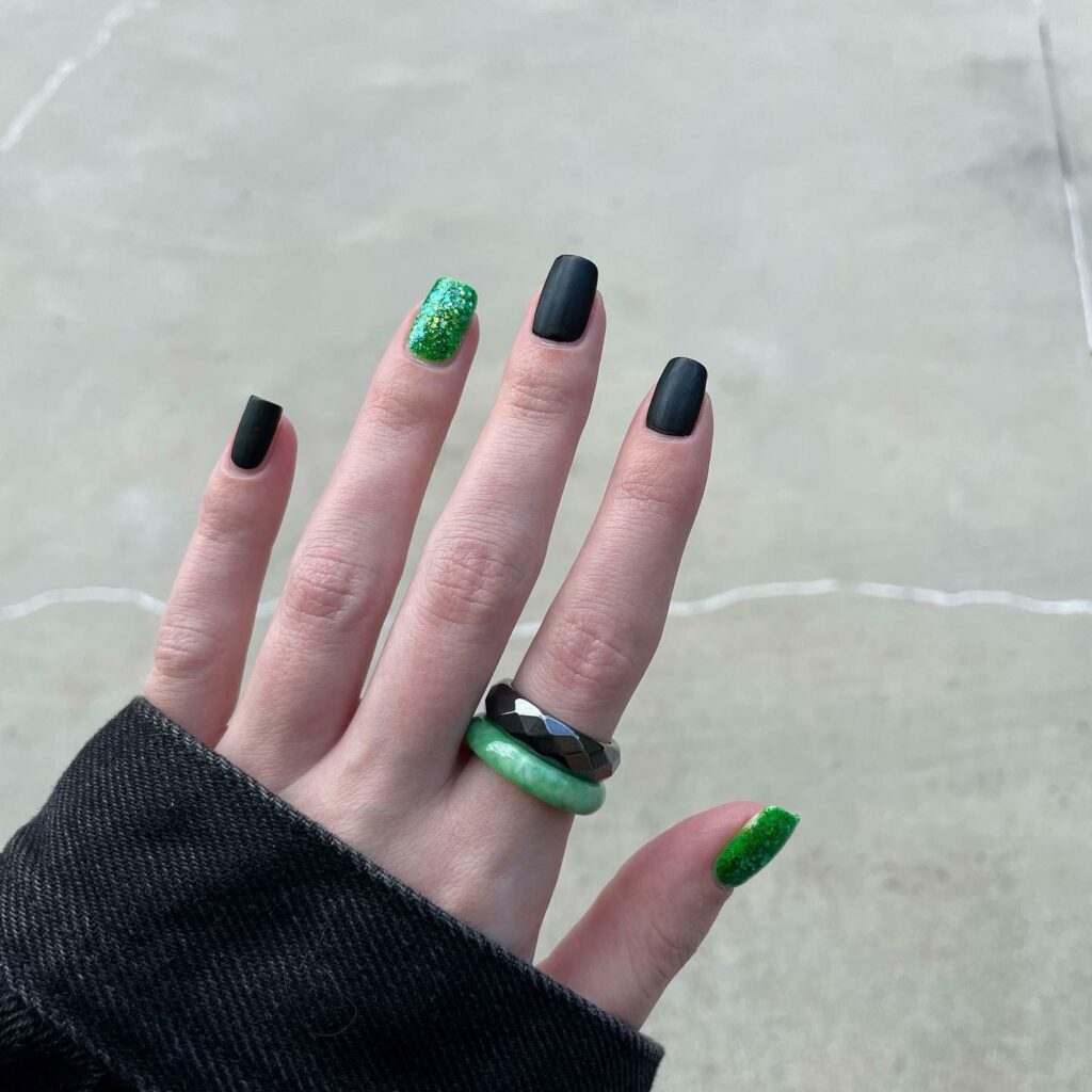 Small Green And Black Nails With Glitter