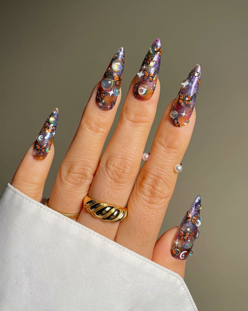 Long Ombre Nails With Bubbles And Butterfly Design