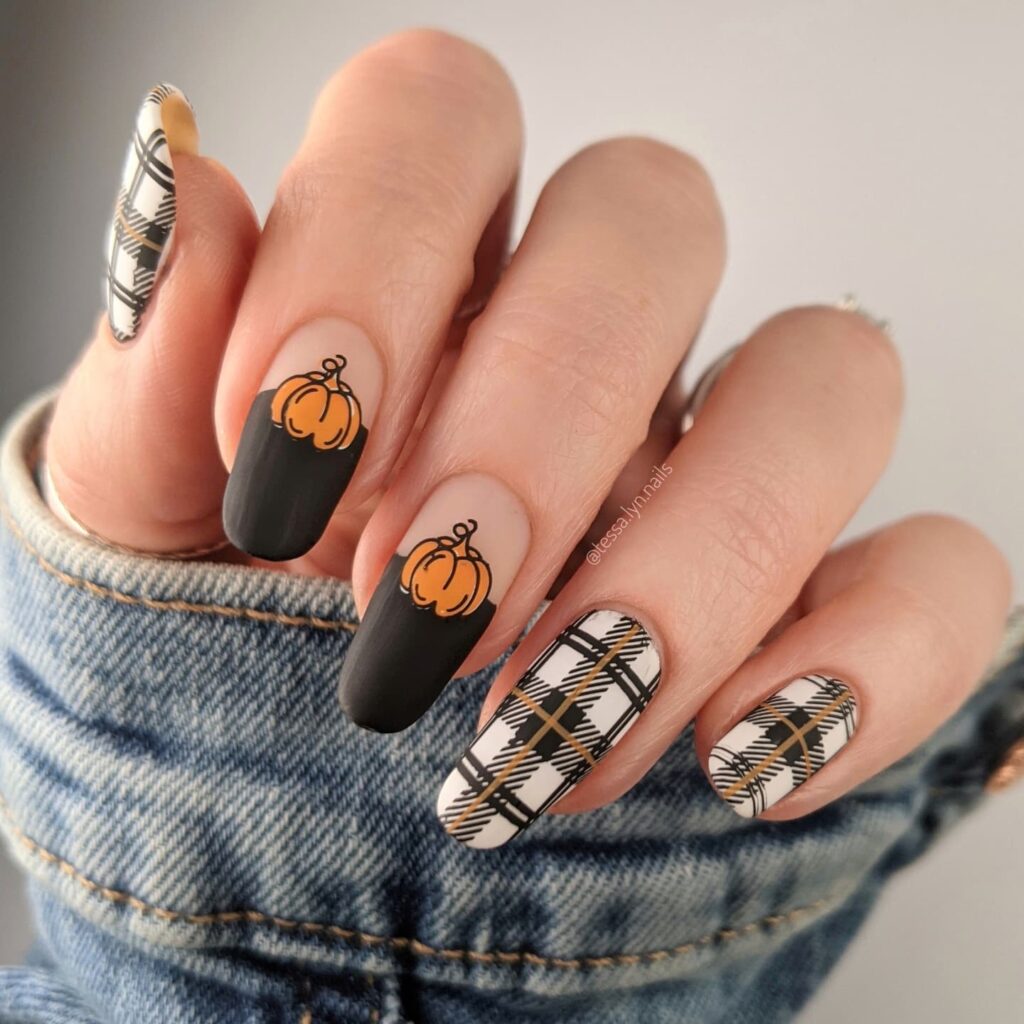Plaid Nails With Pumpkin