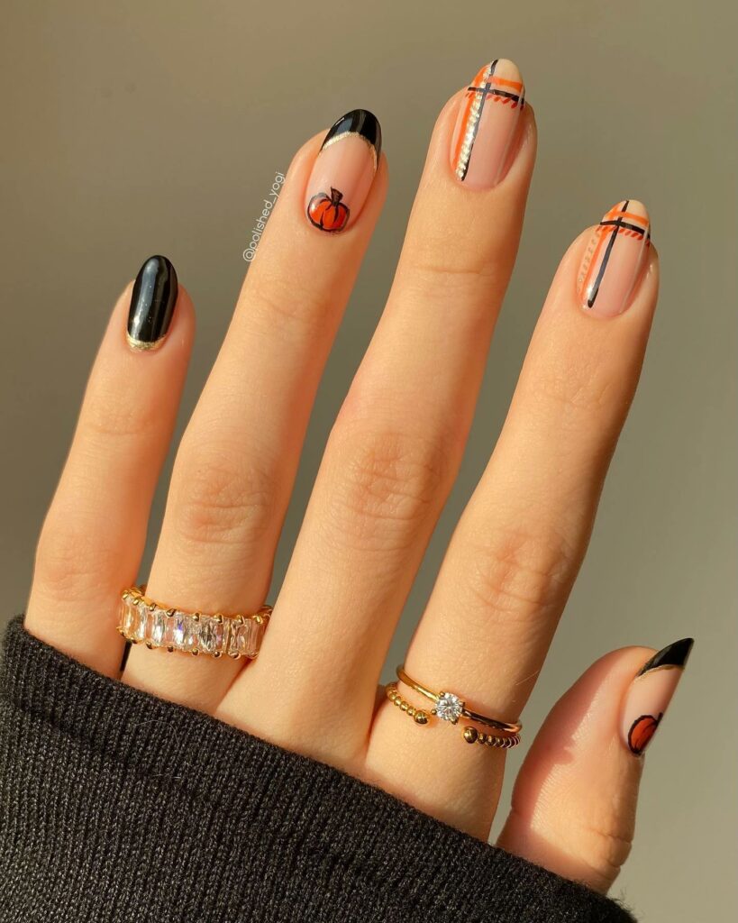 Minimalist Plaid Nails With Pumpkin Design