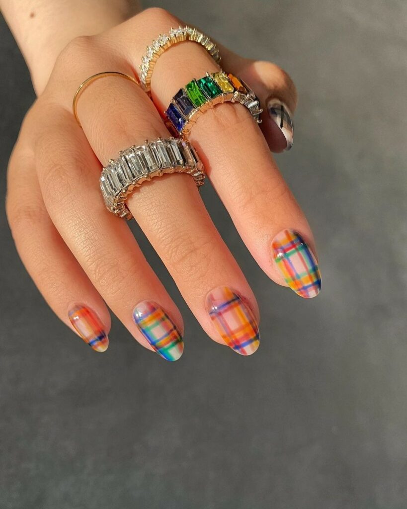 Rainbow-Inspired Plaid Nails