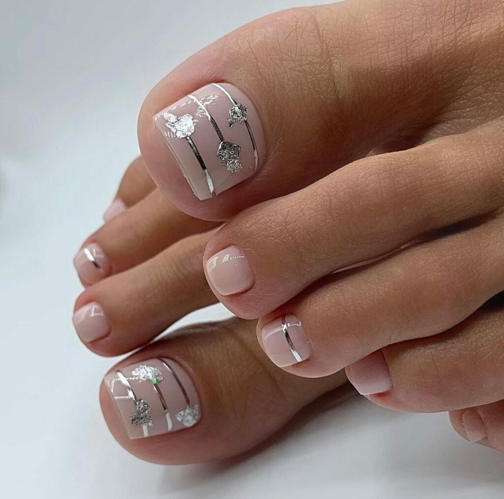 Milky White Pedicure With Silver Lines Design