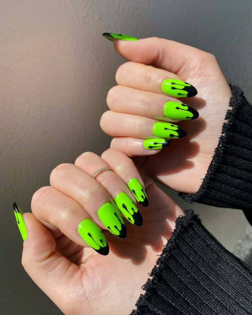 Green And Black Paint Drip Nails