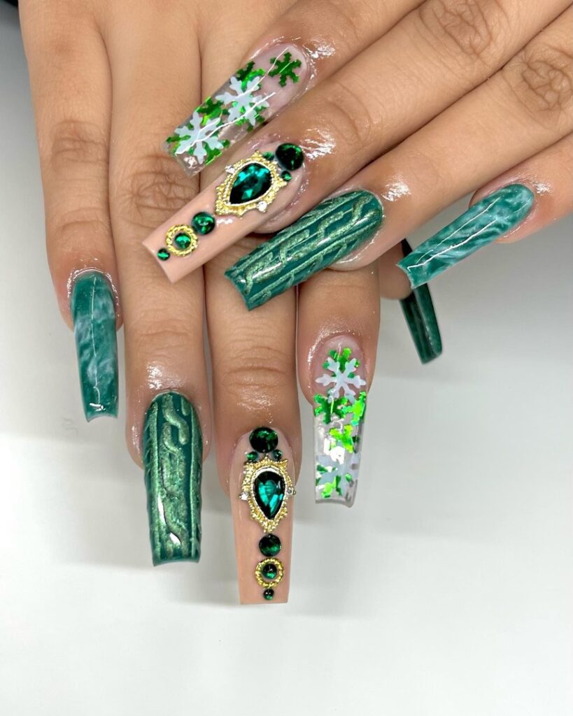 Green Winter Nails With Green Stones
