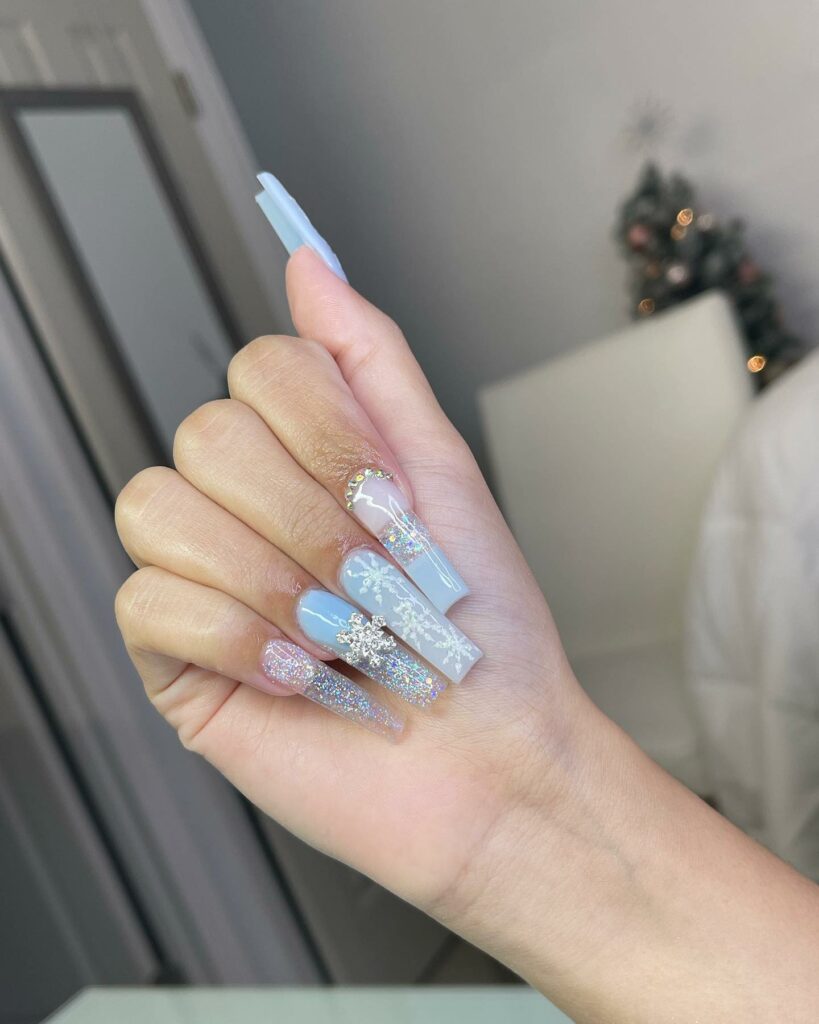 Blue Acrylic Winter Nails With Rhinestones And Glitter