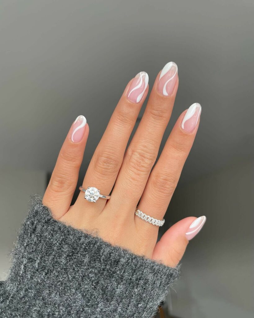 White Swirls On Engagement Nails