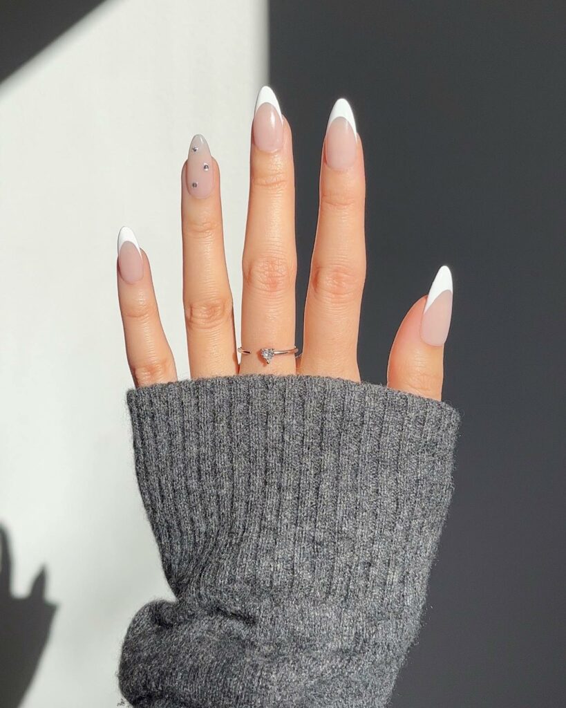 Nude And White French Nails With Rhinestones