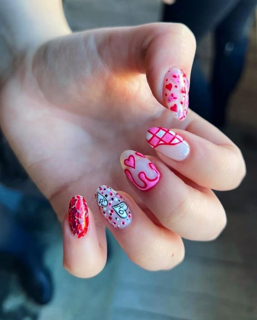 February Nails With Stipes, Drip And Heart Design