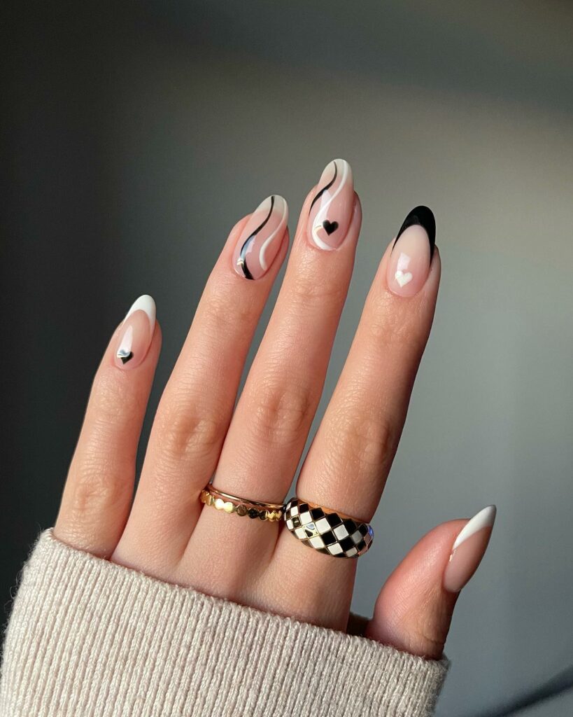 Black And White February French Nails With Heart And Swirl Design